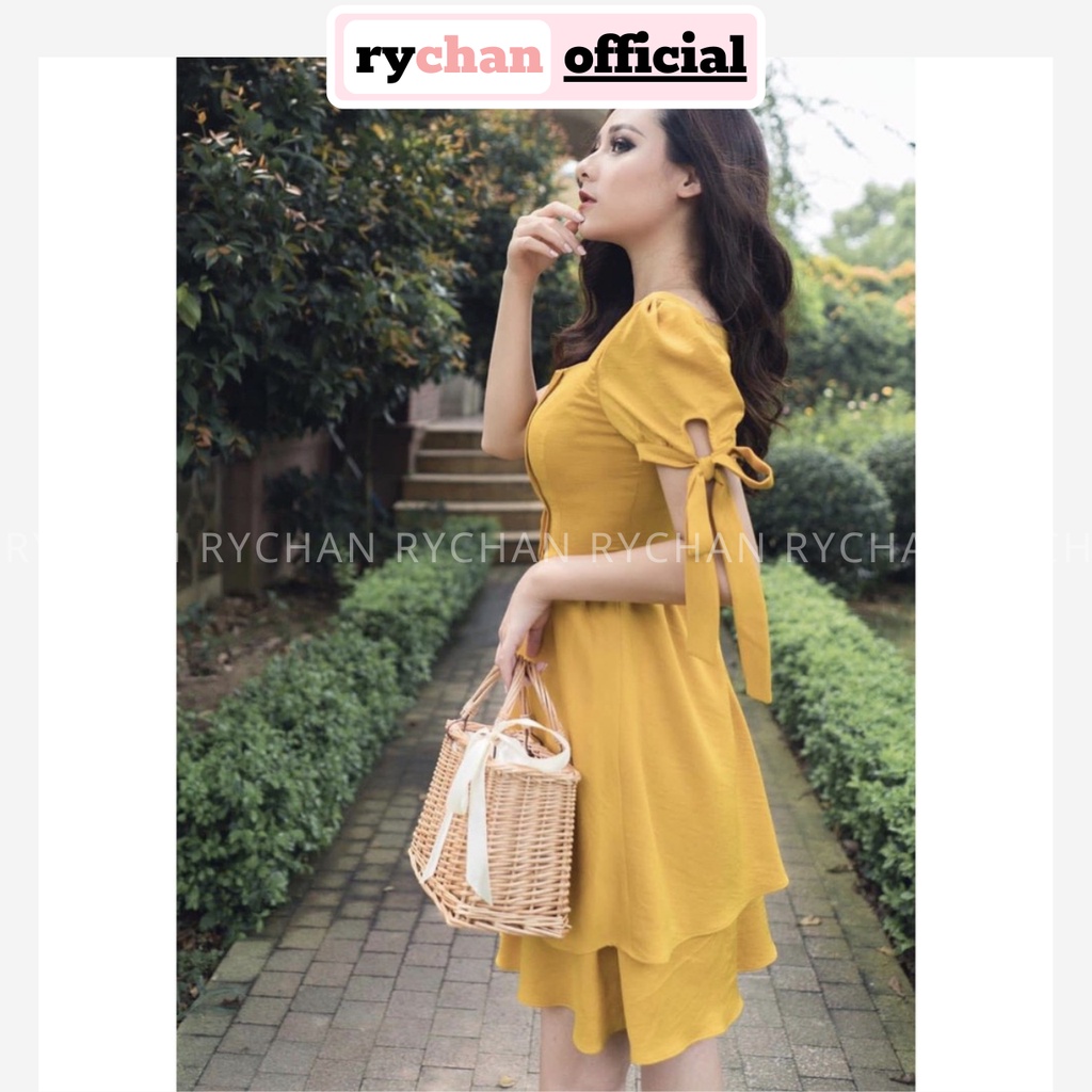 Đầm Xòe Vàng Cổ Vuông Tay Nơ - DX9685