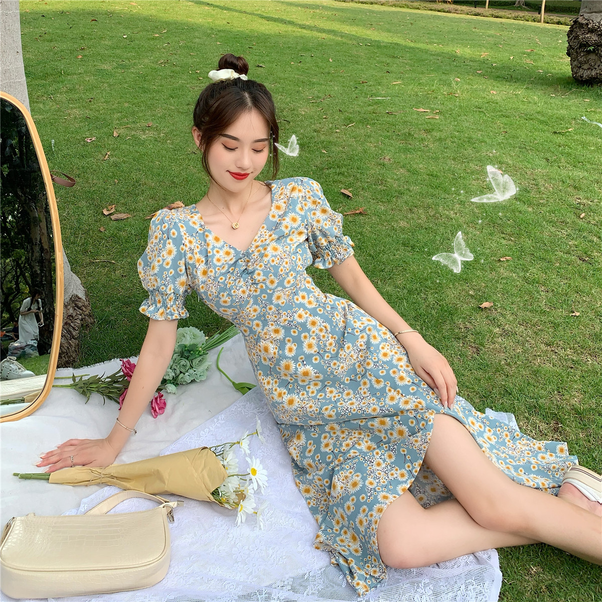 đầm ulzzang Nữ Tay Ngắn In Hình Hoa Cúc Phong Cách Hàn Quốc | BigBuy360 - bigbuy360.vn