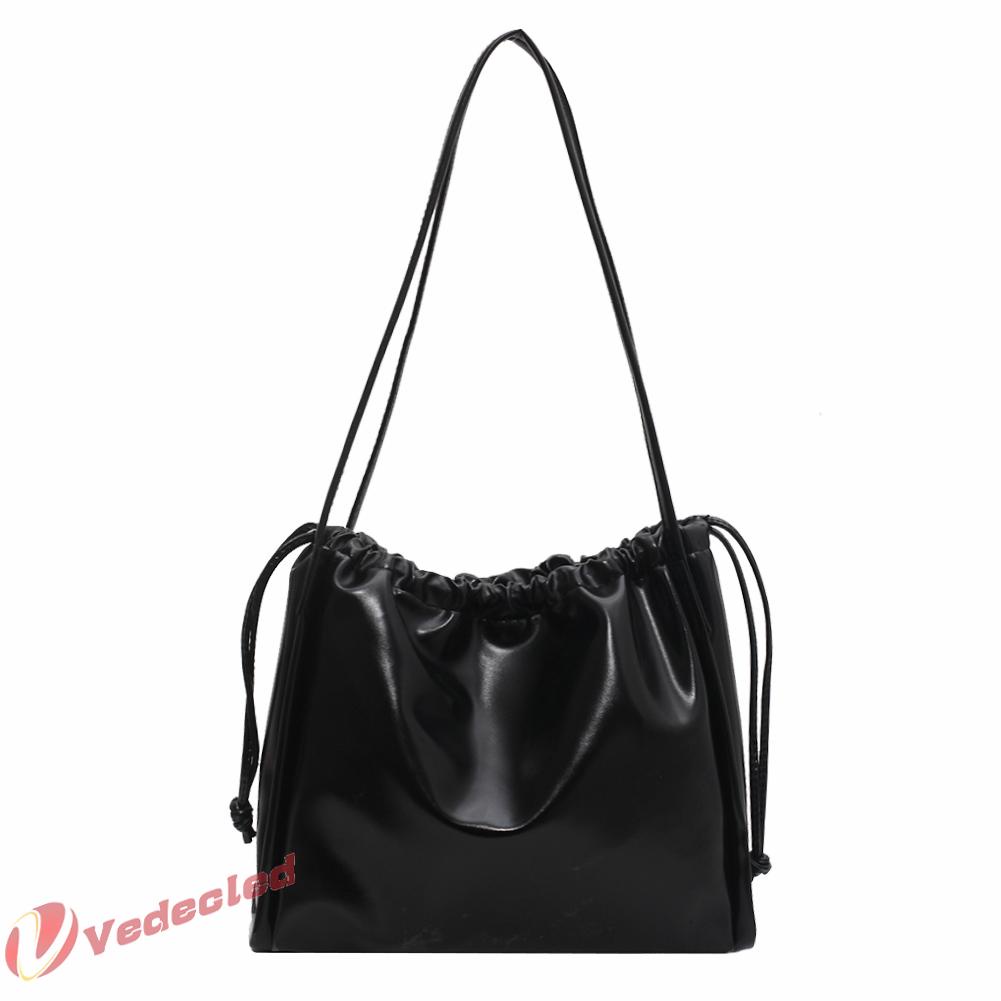 Túi Xách Bucket Dây Rút Da PU Màu Trơn Cỡ Lớn Phong Cách Retro Cho Nữ