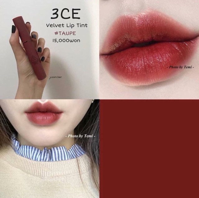 Son 3CE Velvet Lip Tint màu Taupe đỏ đất