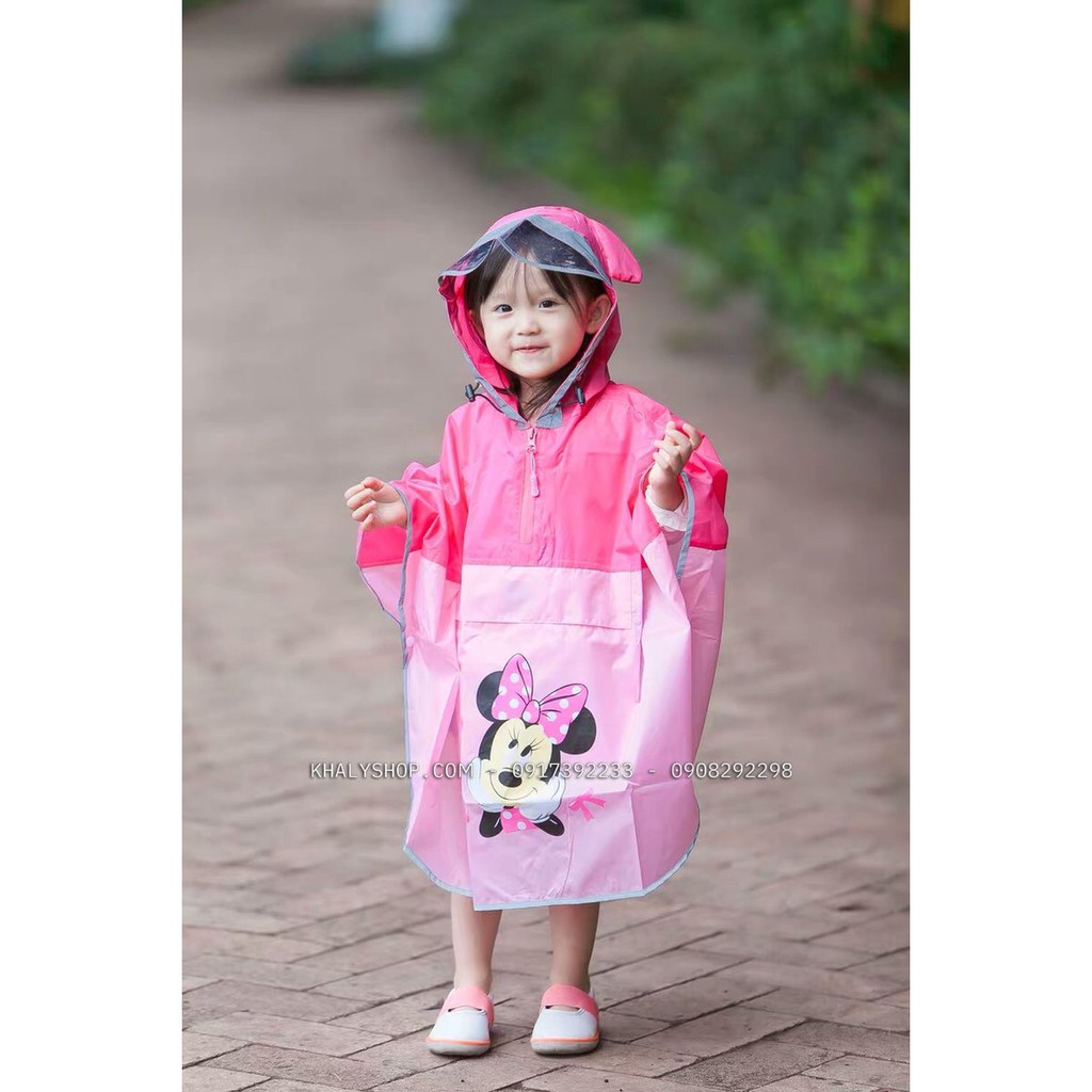 Áo mưa cánh dơi vải dù cao cấp hình chuột Minnie Mouse màu hồng cho bé gái còn size (S,M,L,XL)