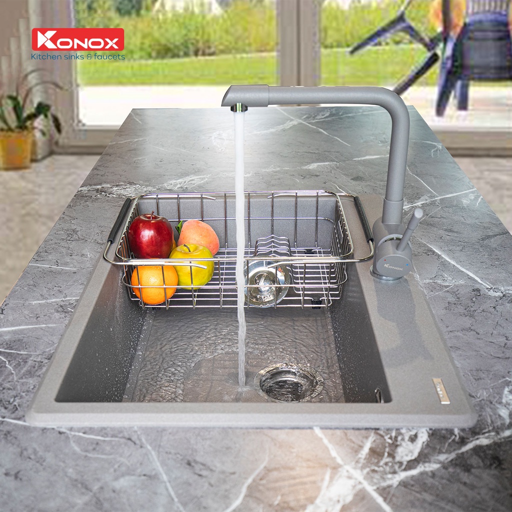 Vòi rửa bát xoay 360 độ KONOX Felix Grey, bề mặt xử lý mạ PVD Granite, lõi hợp kim đồng 61% tiêu chuẩn Châu Âu CW617N