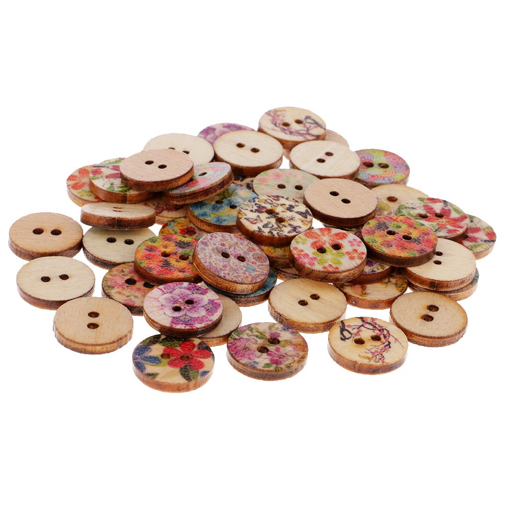 Set 50 Nút Gỗ Tròn 2 Lỗ In Họa Tiết Hoa Phong Cách Vintage Dành Cho May Vá / Sổ Tay
