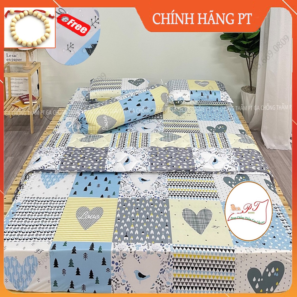 Bộ ga chống thấm cho bé kèm vỏ gối chất liệu thun lụa cao cấp hãng PT mềm mịn mát không sột soạt nóng bí (mẫu love xanh)