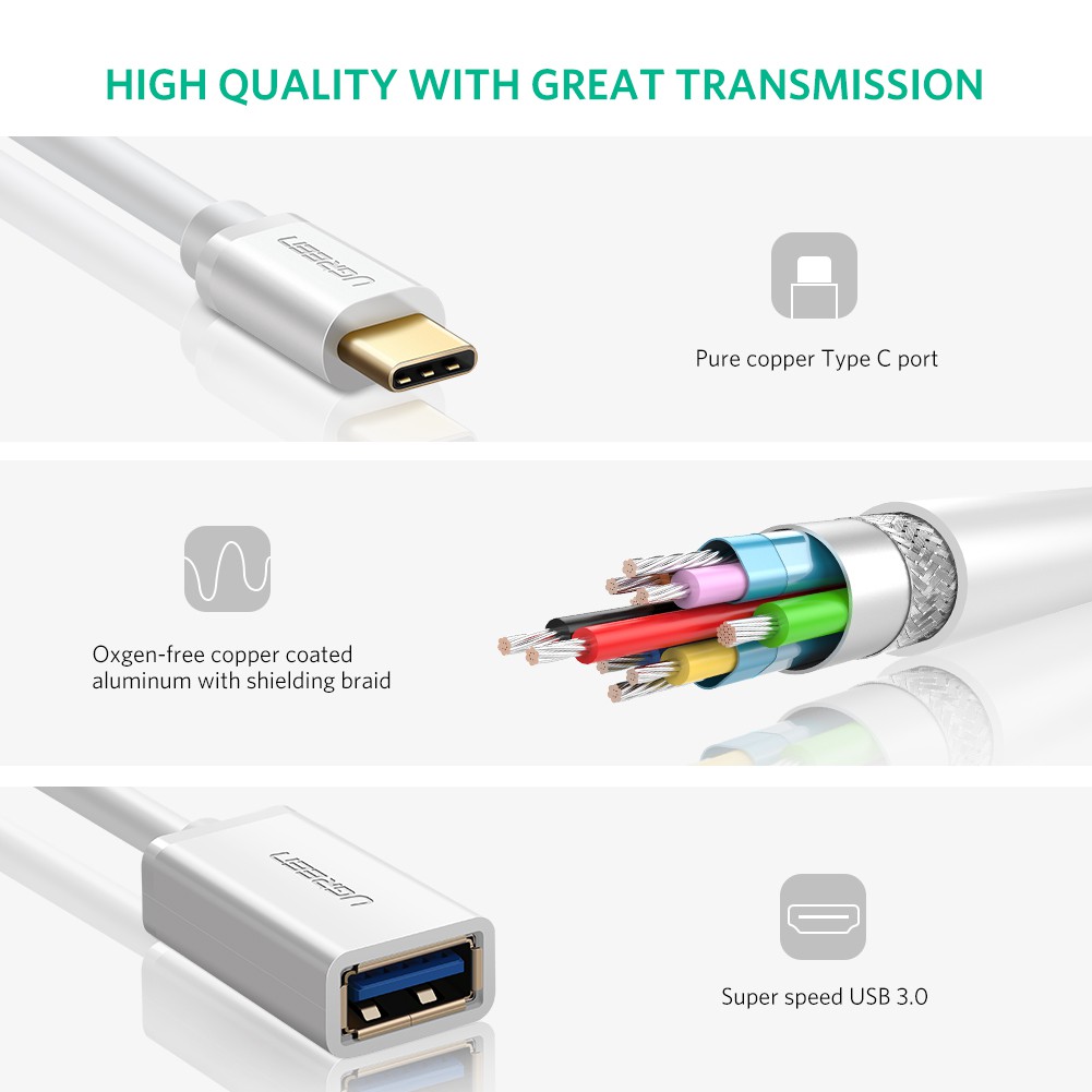 Cáp USB Type-C to USB 3.0 Ugreen 30702 Màu Trắng - Hàng Chính Hãng