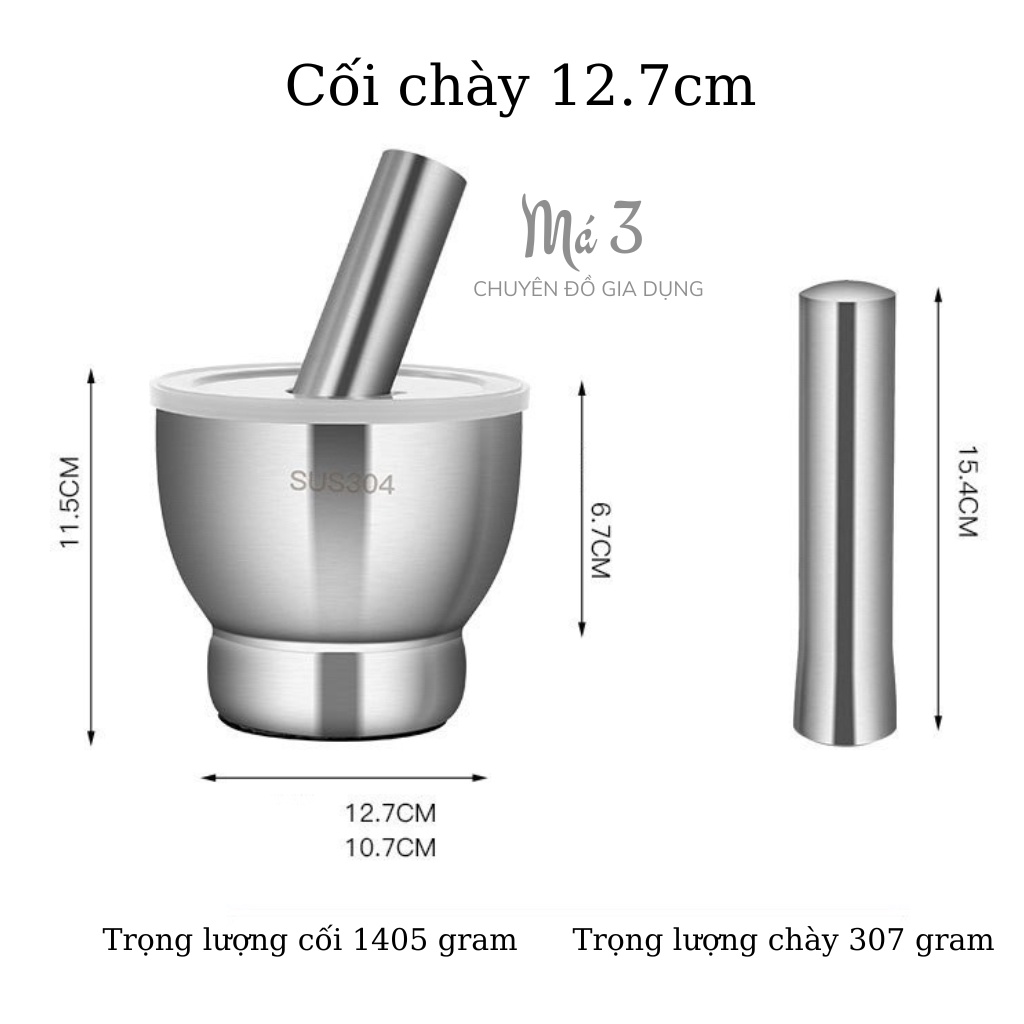 Chày giã tay, Bộ Cối Chày Inox 304 Có Nắp Đậy Đúc Nguyên Khối, Chày Cối Đâm Tiêu, chanh giã tay Bằng Inox