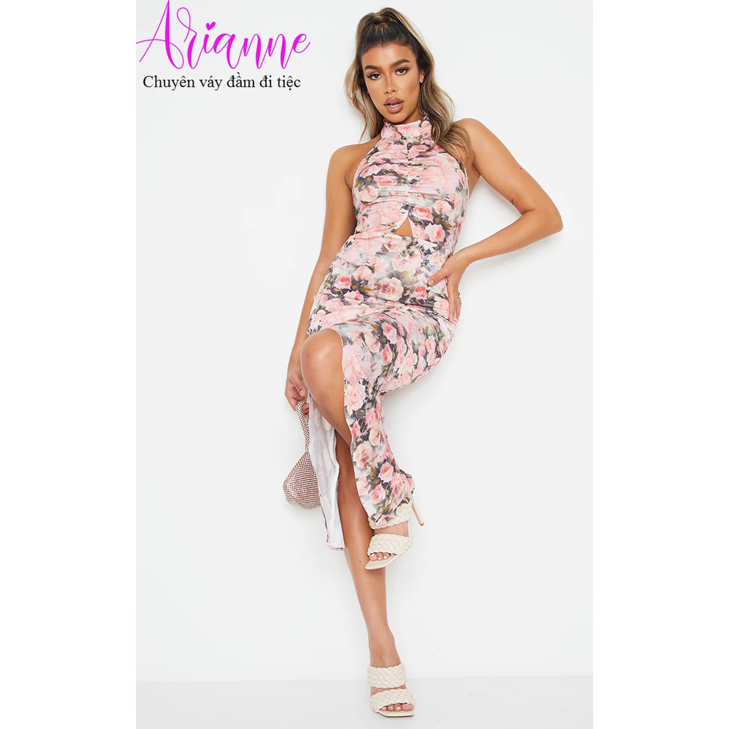 Đầm hoa cổ yếm đuôi cá hoa hồng Multi Rose Print High Neck Ruched Detail Fishtail