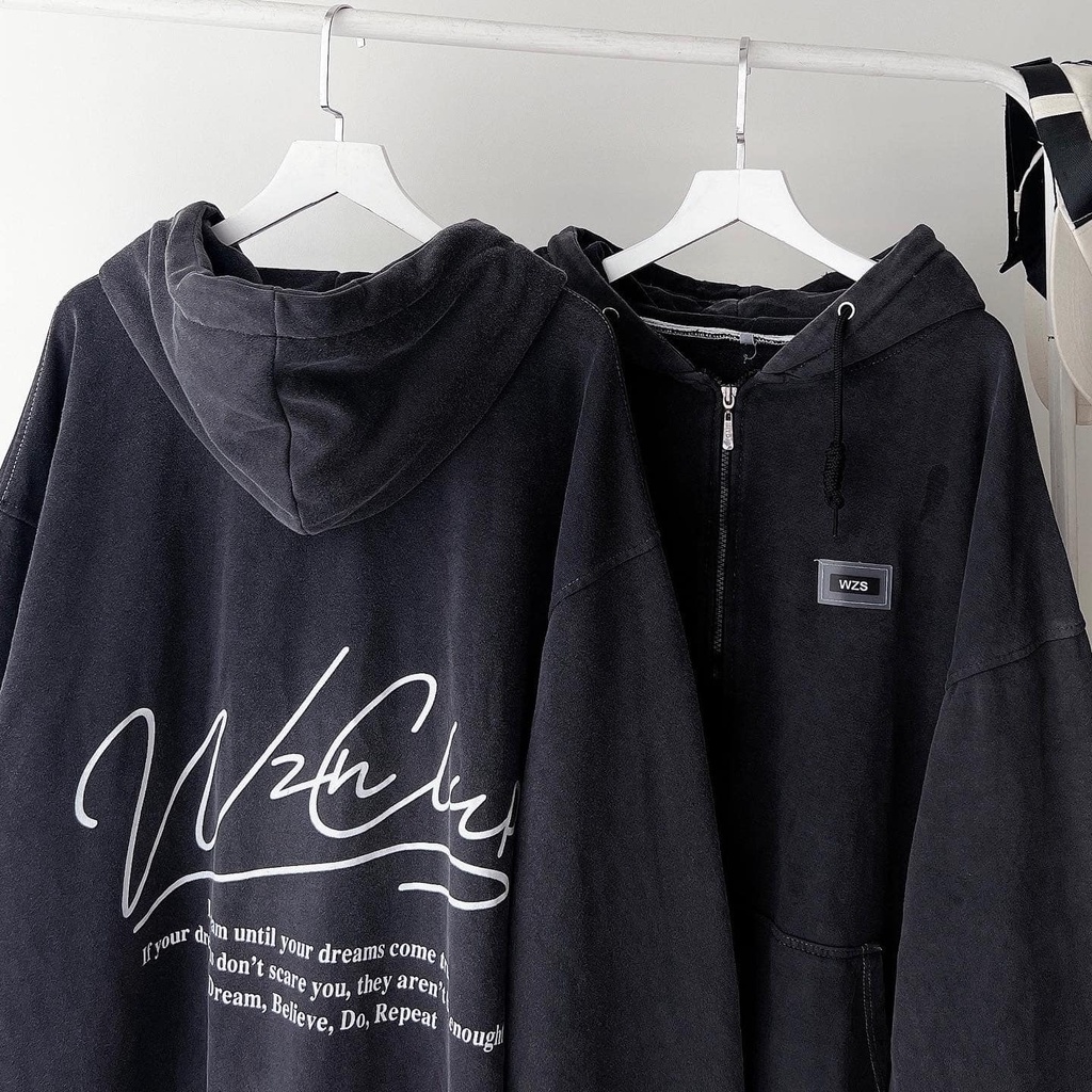 [sẵn]Áo khoác tay dài form rộng in chữ WZS vải wax lót bông (ảnh thật tại shop) Tanazi closet