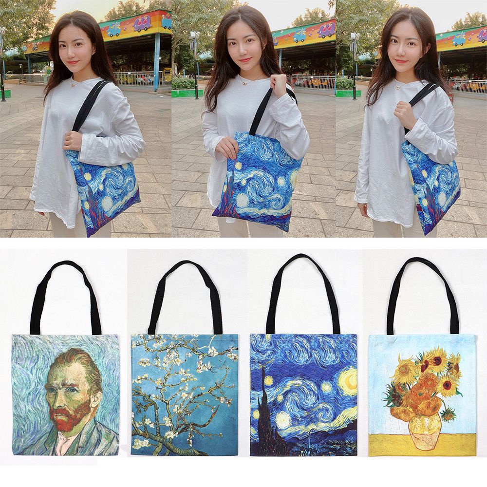 Túi xách vải canvas sức chứa lớn in hình tranh Van Gogh thân thiện với môi trường
