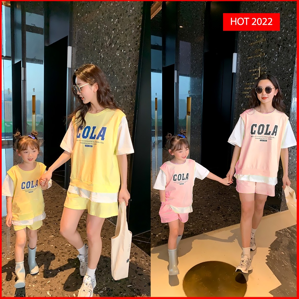 Đồ bộ đôi Mẹ & bé Áo Lệch Tà COLA Quần Sort dễ thương cho bé gái