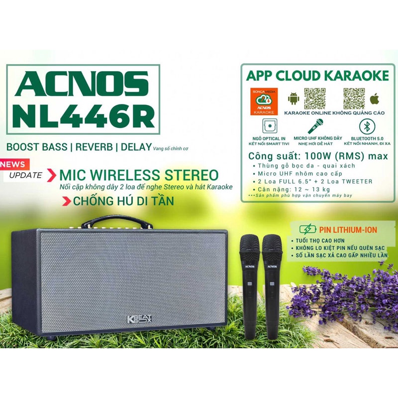 Loa karaoke xách tay Acnos NL446R Hàng Chính Hãng, Công nghệ kết nối Bluetooth 5.0, Loa chống hú di tần