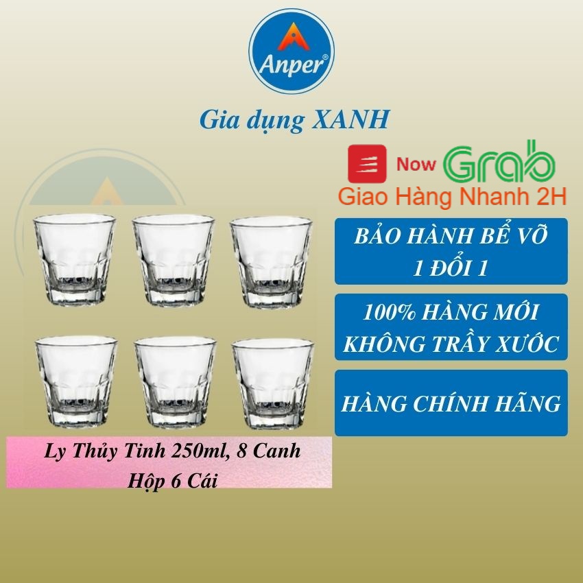 Ly Cốc Thủy Tinh 250ml Cao Cấp Sang Trọng  Anper vn, 8 Cạnh Dễ Thương, Dùng Quán nước uống Cà phê, Uống nước