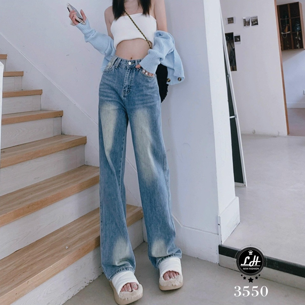 Quần jean nữ ống rộng, quần bò lưng cao màu xanh loang hai màu xả lai lưng kiểu Lê Huy Fashion MS 3550