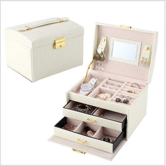 Hộp Đựng Trang Sức Cao Cấp Bọc Da PU 3 tầng Có Khóa chống trộm (size 26.5*18*6.5cm)