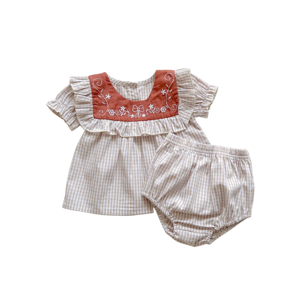Bộ Áo Tay Ngắn + Quần Bằng Cotton Mỏng Kẻ Sọc Ca Rô Thời Trang Mùa Hè Dành Cho Bé Gái