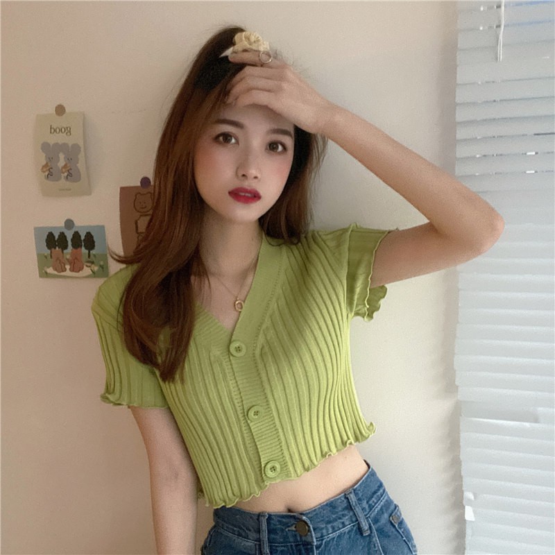 Áo croptop nữ dệt kim cổ chữ V tay ngắn màu ngọt ngào thời trang