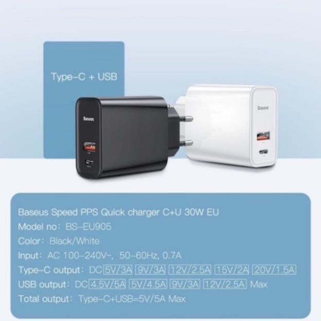 Cốc Sạc Nhanh Baseus 30w💎Cao Cấp💎Củ Sạc Nhanh 2 Cổng USB/Type C- Cục Sạc Hỗ Trợ QC 3.0, USB PD Cho Ipad/Iphone/Android