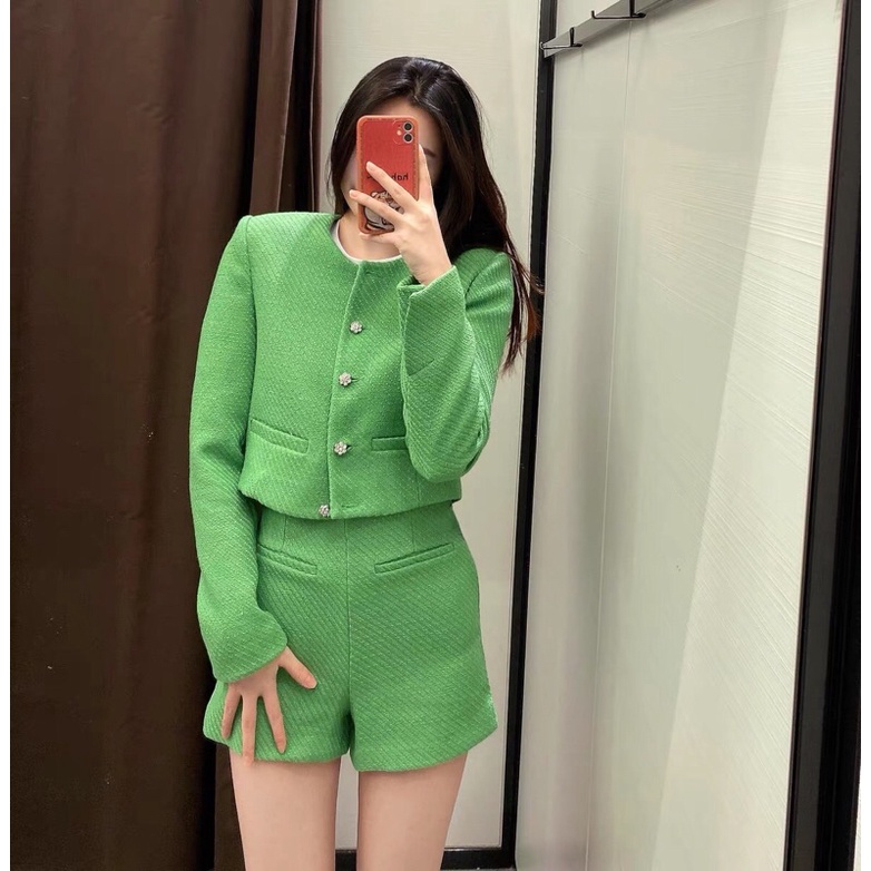 SET ÁO DẠ TWEED ZARA + QUẦN TWEED LƯNG CAO MÀU XANH CỰC HOT