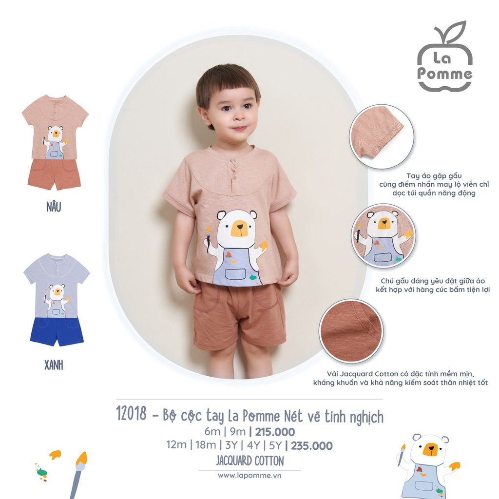 Bộ La Pomme cộc tay Cotton cao cấp thoáng mát thấm hút tốt bổ nẹp gấu trắng nét vẽ tinh nghịch cho bé trai bé gái 12018