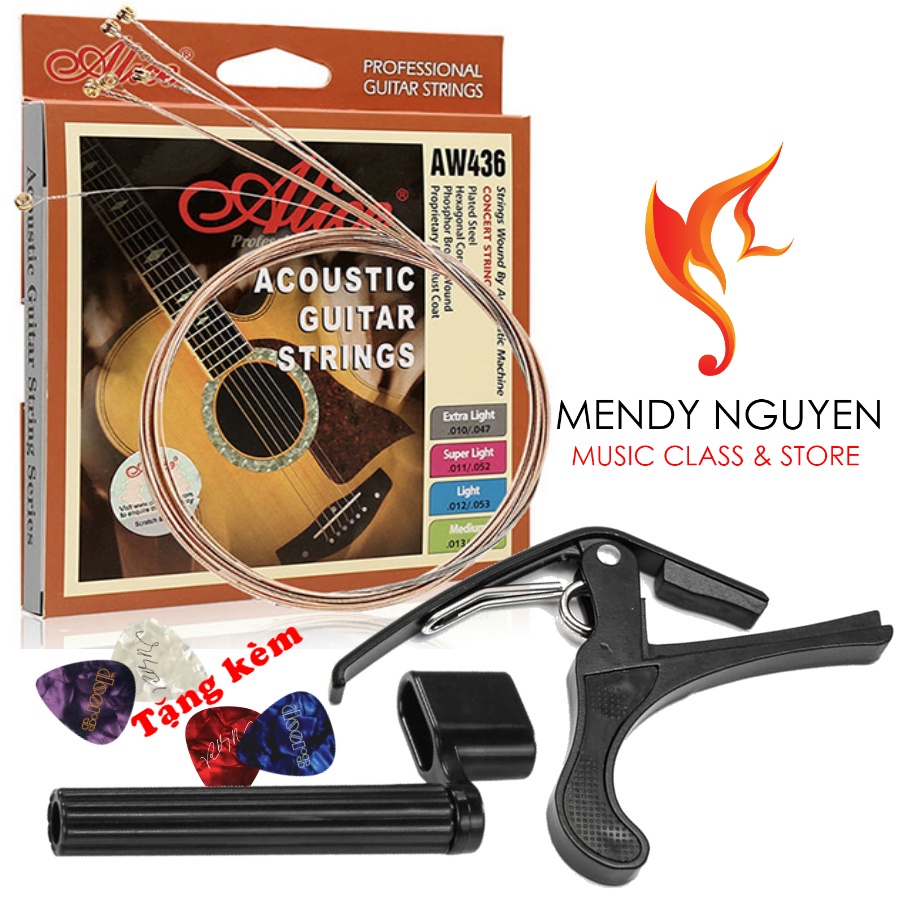 Combo phụ kiện đàn guitar 1 - Bộ dây đàn AW436, Capo, tay quay dây - tặng pick gãy