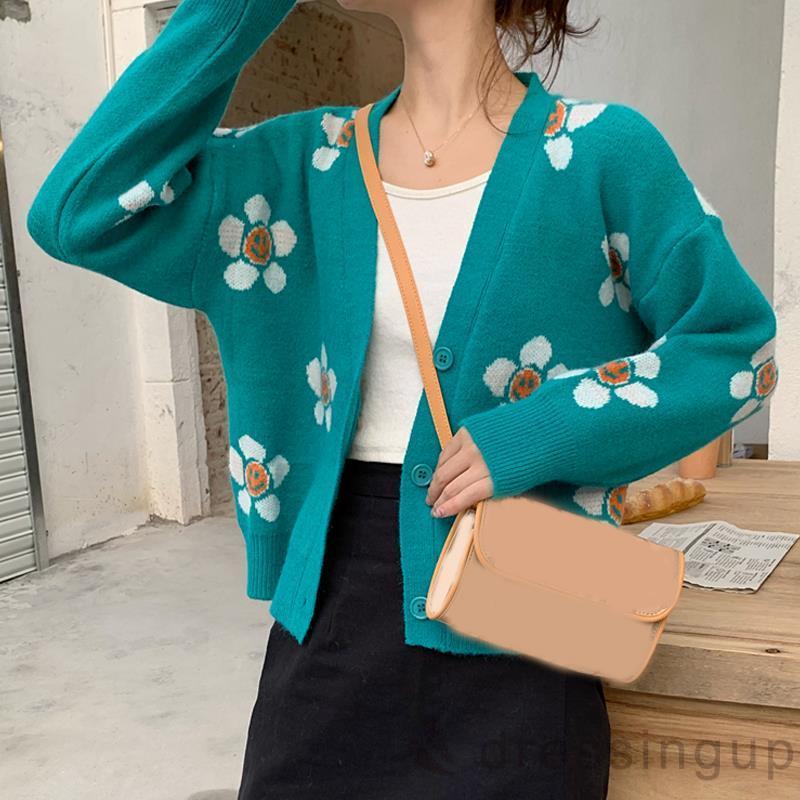 Áo Cardigan Tay Dài Cổ Chữ V Dáng Rộng Họa Tiết Hoa Cá Tính Dành Cho Nữ