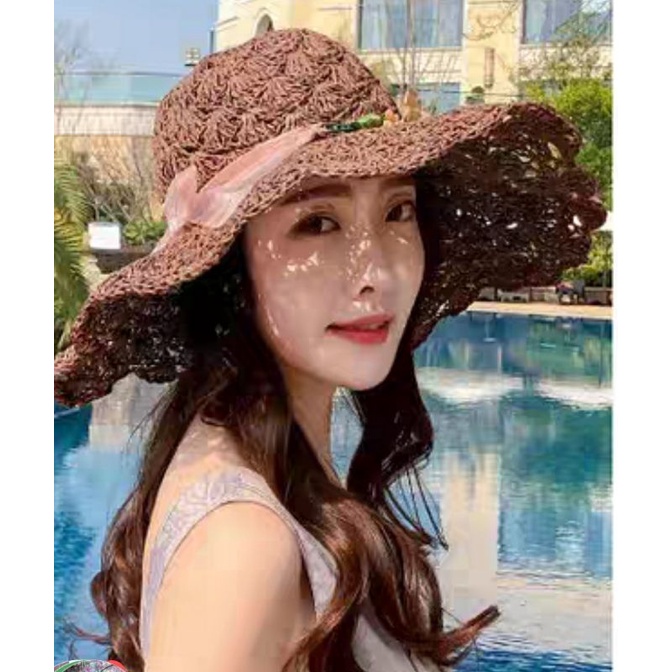 Nón đi biển mũ cói rộng vành nữ Panama gấp gọn thời trang Hàn Quốc