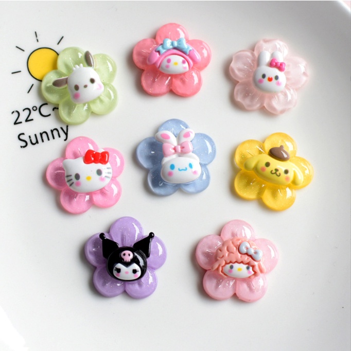 Charm hoa nhỏ trong suốt với các nhân vật Kuromi, Cinnamoroll, Pompomp trang trí kẹp tóc, dán Jibbitz, DIY