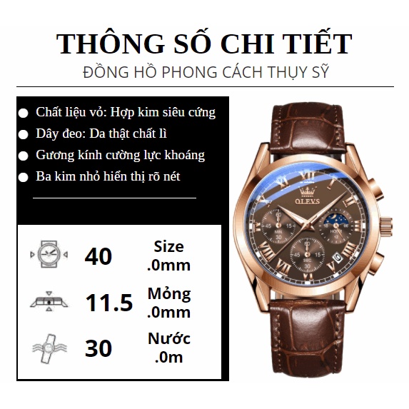 Đồng hồ nam dây da OLEVS 6 kim chống nước, mặt kính cường lực chống xước hiển thị lịch Nhật Nguyệt phong cách Thụy Sĩ | BigBuy360 - bigbuy360.vn