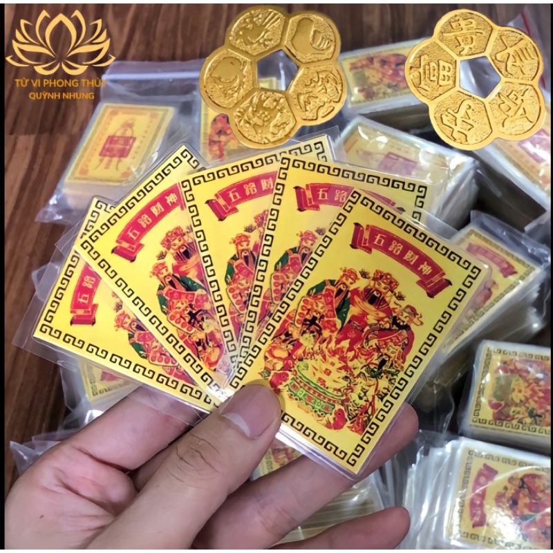 Ngũ Lộ Thần Tài phù kim bài thần tài Kèm Đồng Tiên Hoa Mai Kích Tài Lộc May Mắn Bình An