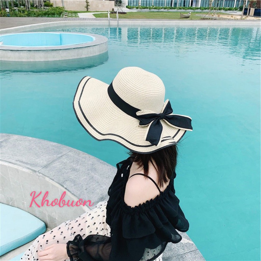 Mũ cói đi biển vành rộng -nón cói mềm phối ren phong cách vintage