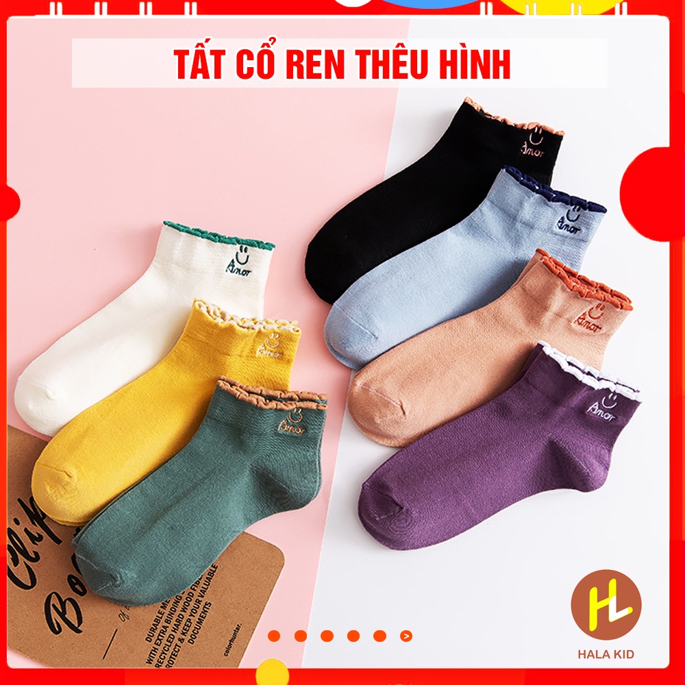 Set 5 đôi Tất ren nữ THÊU HÌNH cotton mềm mịn, giữ ấm chân / tất cổ ngắn