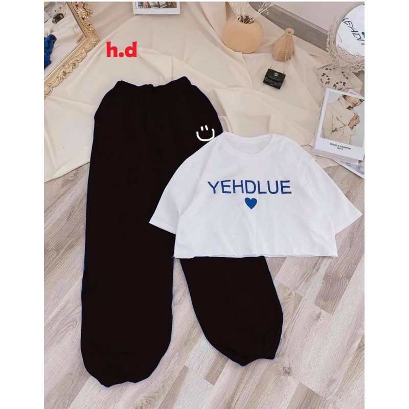 Bộ áo croptop YEH tim +quần bom mặt cười HĐ11