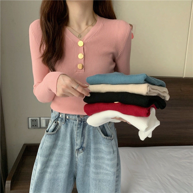 Áo Sweater cổ chữ V màu đen thời trang thu đông cho nữ