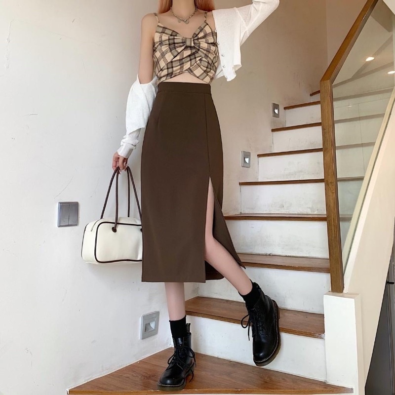 Chân váy midi xẻ tà trước dáng dài lưng cao chất tuyết mưa_Linhchi.studio