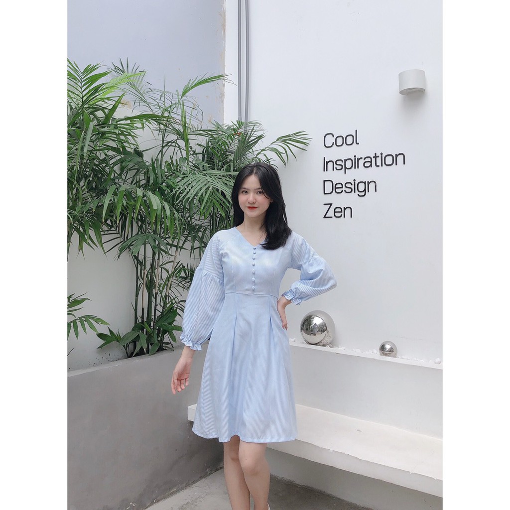 ĐẦM KATE SỌC XANH CỔ TIM PHỐI NÚT BỌC TAY DÀI DÁNG XÒE-hình thật shop chụp