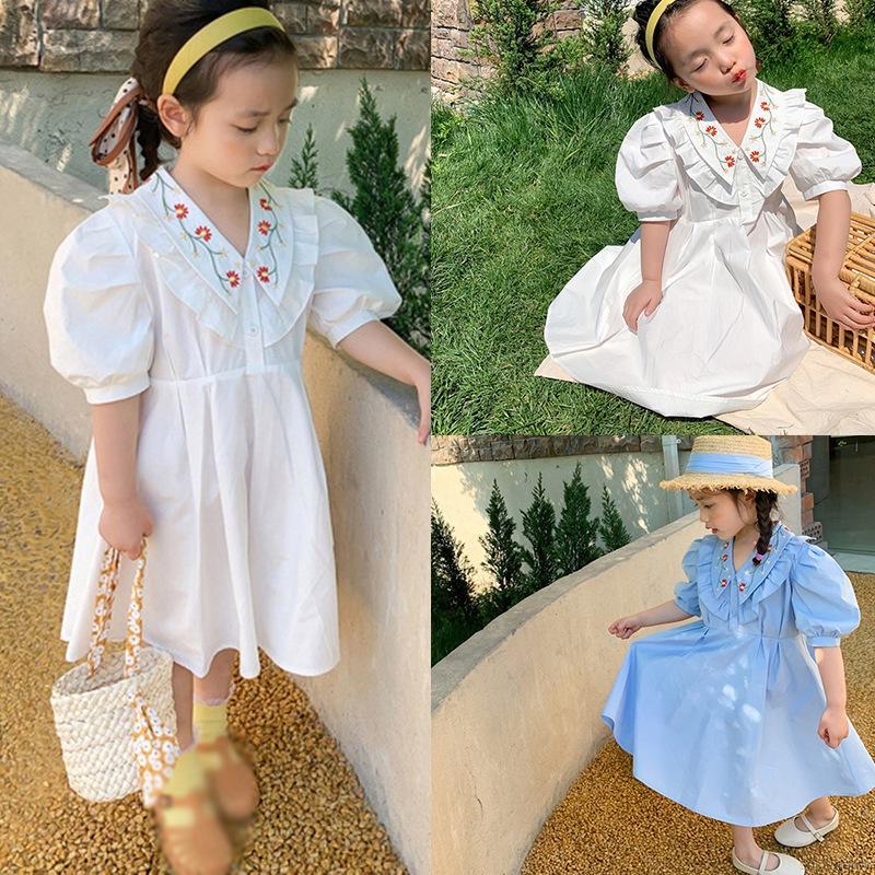 Váy tay phồng thêu hoa đáng yêu xinh xắn dành cho bé gái 2-7 tuổi