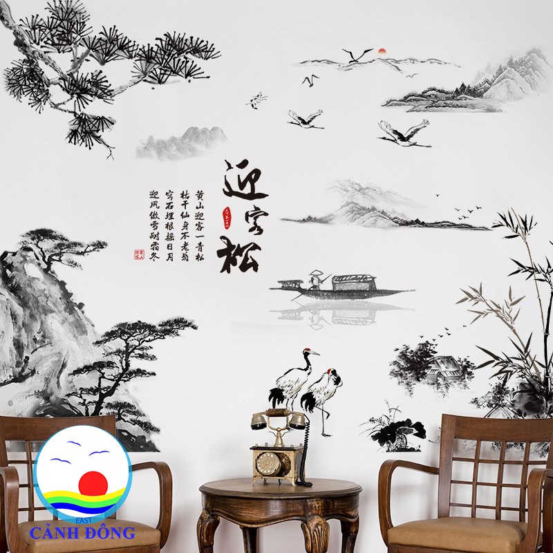Decal dán tường thủy mặc  đen trắng nghệ thuật