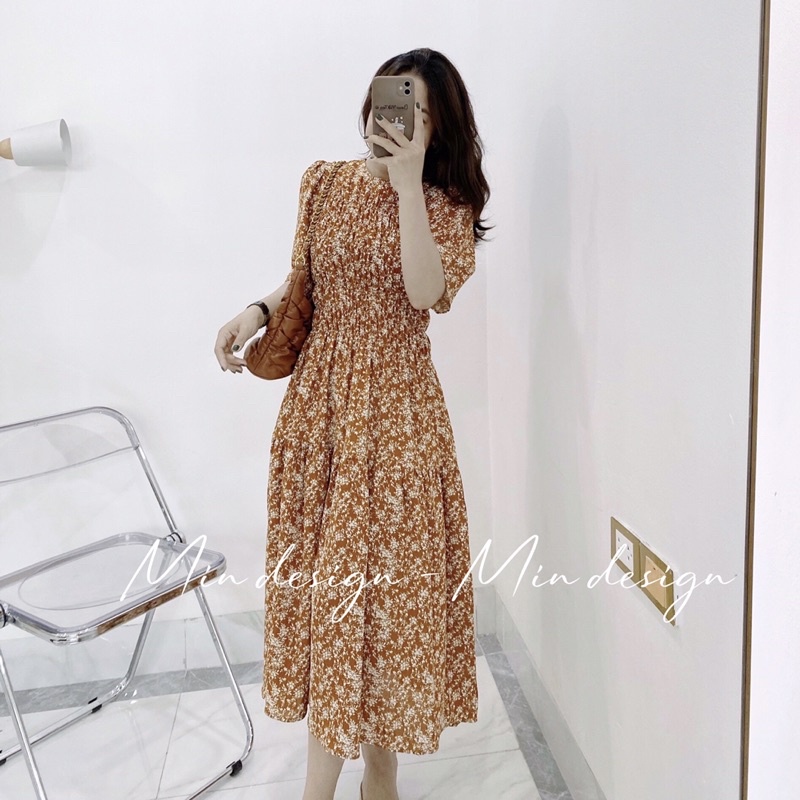 Đầm hoa nhí vintage dáng dài, phom váy ôm body nhún eo bầu bí bon chen thoải mái V15 - MIN Design