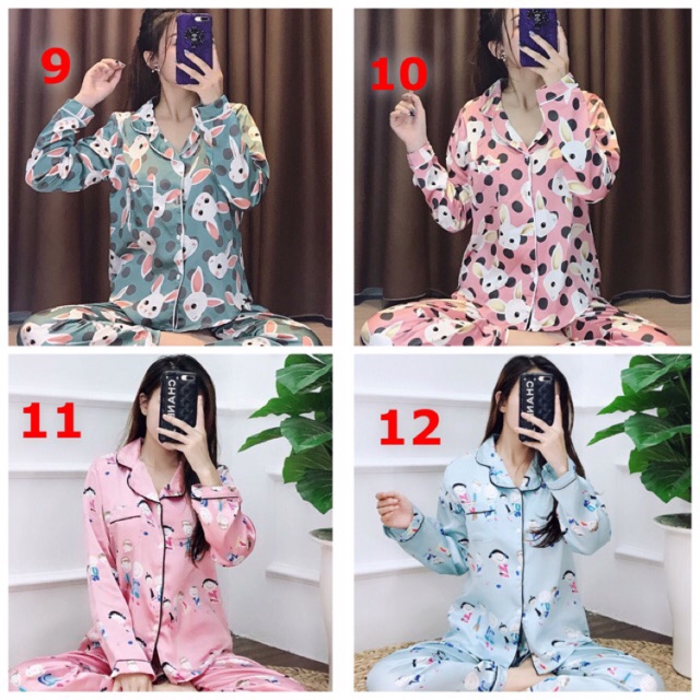 16 mẫu giá sốc Pijama lụa hình dài tay , chất lụa Hàn , freesize dưới 60kg - ảnh thật