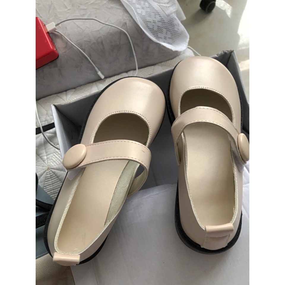 Giày búp bê nữ mũi tròn 3 màu đen, be và nâu cài quai phong cách Hàn Quốc