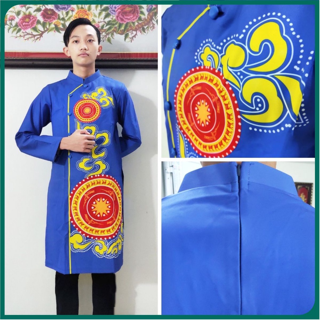 Áo dài nam in họa tiết trống đồng (xanh biển), áo dài truyền thống ADCTNIHT-XD4