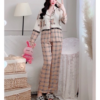Bộ ngủ tay dài bbr màu kem hình gấu xinh xắn .
