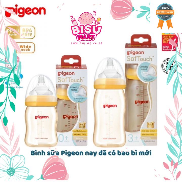 Bình sữa Pigeon, Bình Sữa cổ rộng Softouch Peristaltic Pluss nhựa PPSU 160Ml/240ml