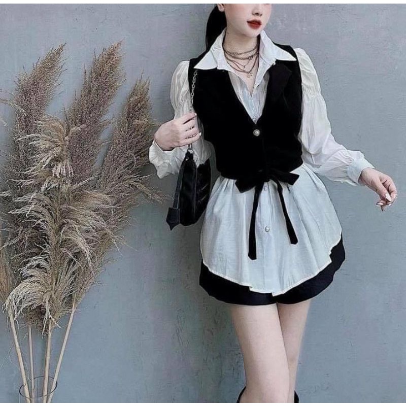 Sét 3 món Áo Sơ Mi Tay Dài Kết Hợp Áo Đen Và Quần Ngắn Chất Mango Mới Lạ, Hách Dáng, Siêu Hot.