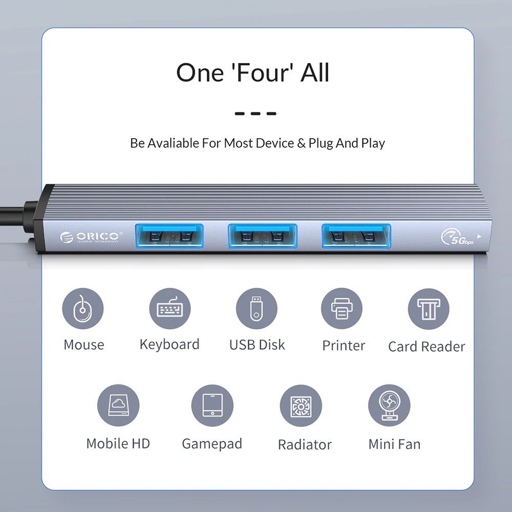 Bộ chia USB Type-C ra 4 cổng USB 3.0 - ORICO AH-13 Type-C To USB3.0 HUB