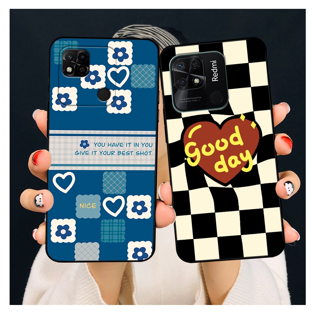 Ốp lưng Redmi 10C - Redmi 10A in hoạ tiết caro trái tim đen trắng, gấu bear cute đáng yêu