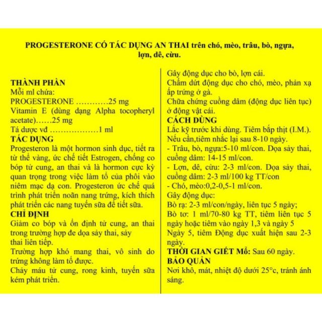 Progesterone - Dung dịch tiêm an thai cho chó mèo, lợn và gia súc