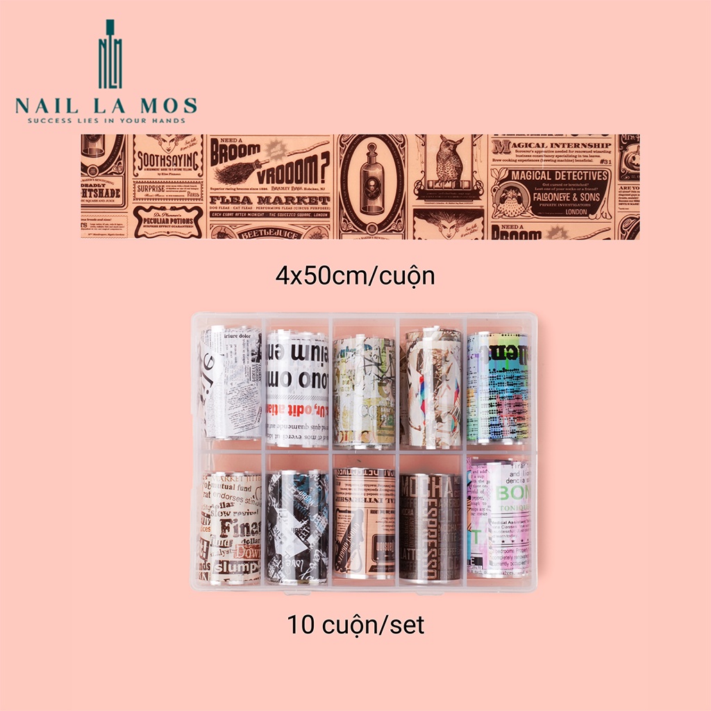 Set 10 mẫu foil tạp chí, giấy báo tráng trí móng tay nghệ thuật 4*50cm