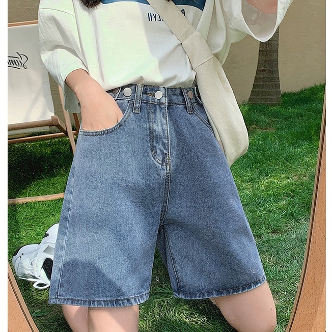 Quần short jean nữ lưng cao ống rộng đai nút chỉnh eo ADO JEANS (SJ1204)