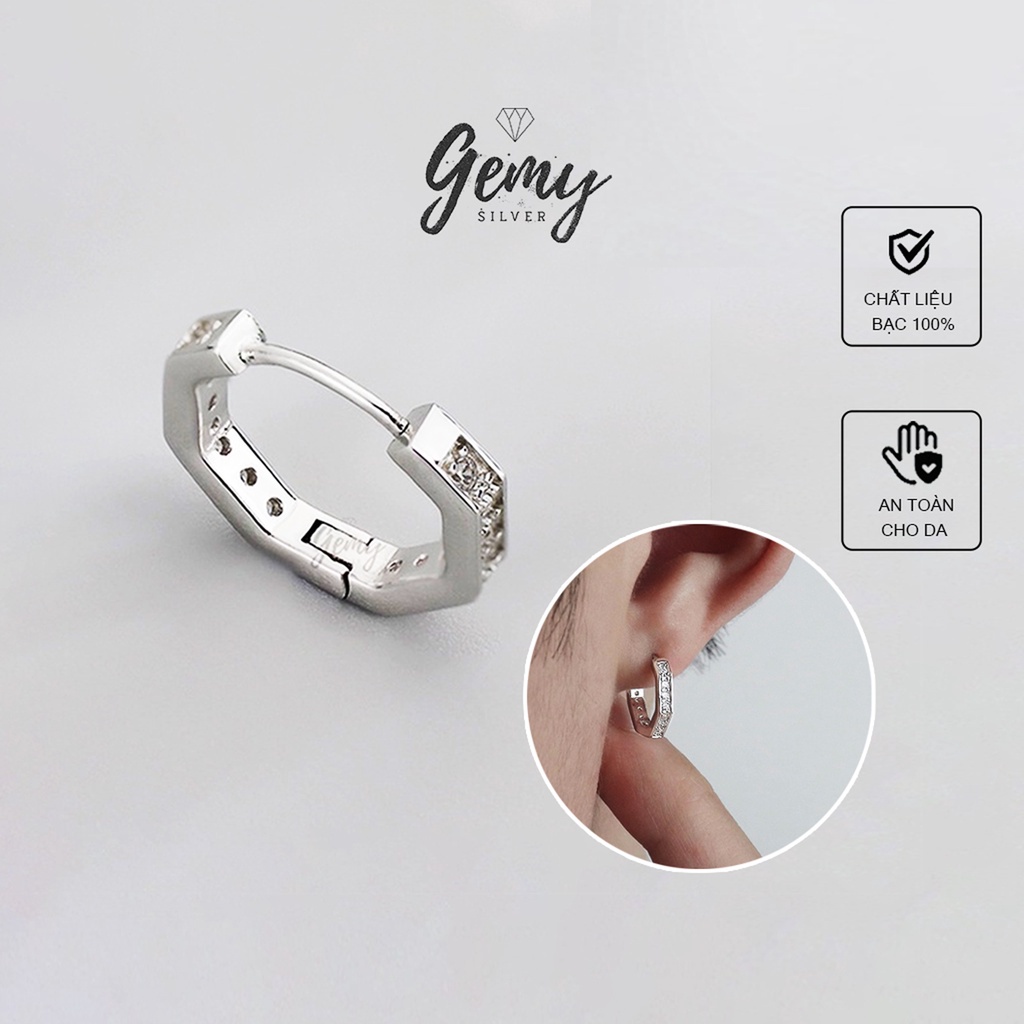 Khuyên tai bạc nam hình bát giác tròn đính đá cá tính, unisex (1 chiếc) | GEMY SILVER KN52